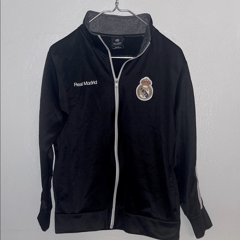 Real Madrid Black Track Jacket Men’s Size Medium Zip-Up Soccer Warm-Up Top